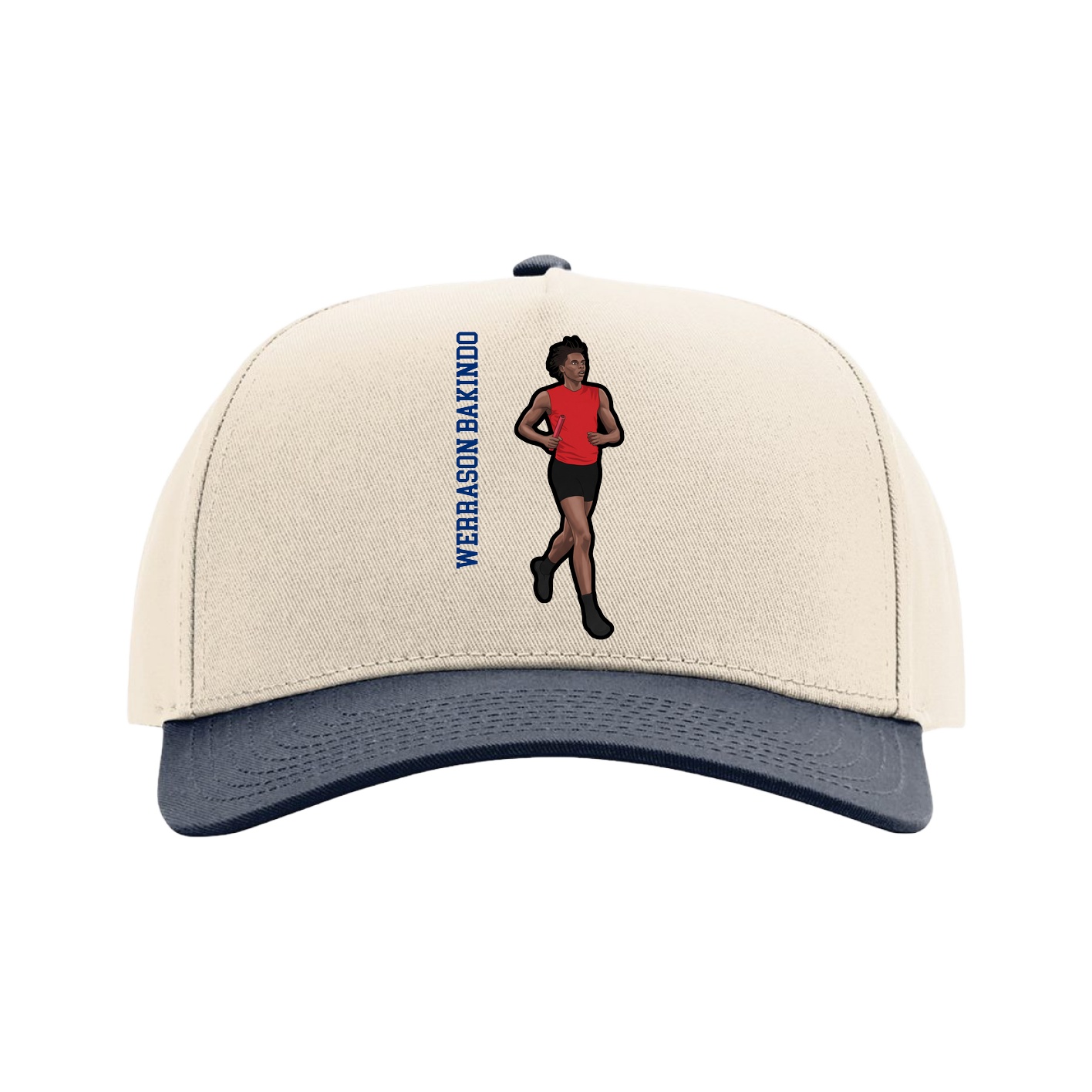 Full Fabric Five-Panel Champ Cap — Name Vertical in Cream/Navy