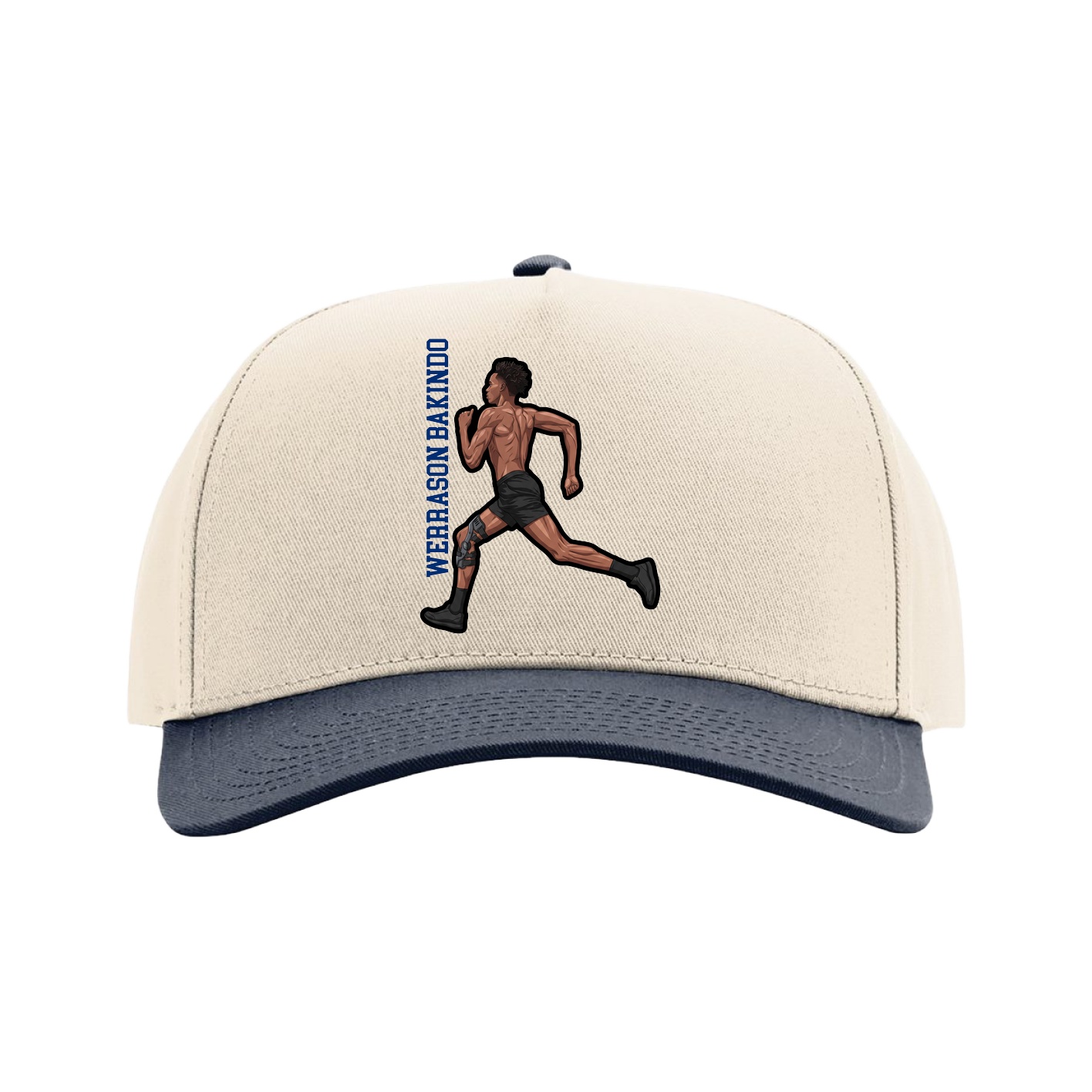 Full Fabric Five-Panel Champ Cap — Name Vertical in Cream/Navy
