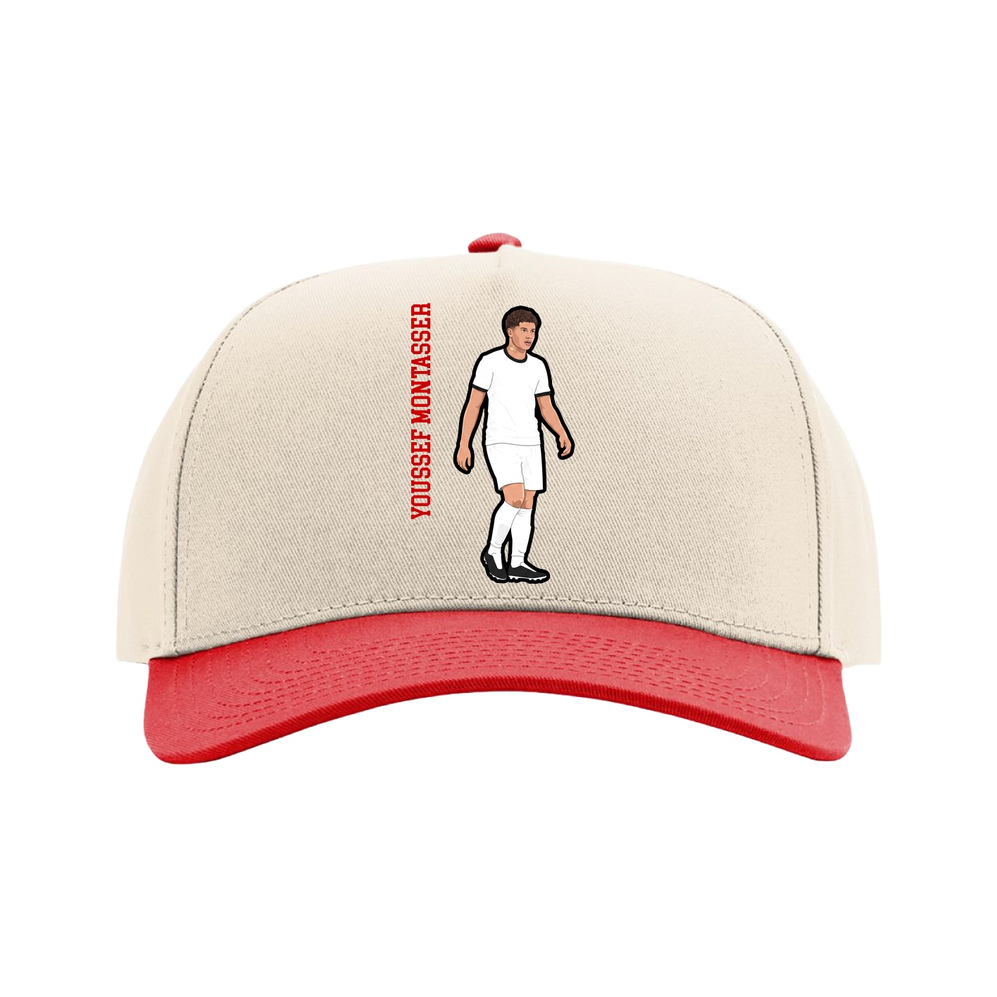 Full Fabric Five-Panel Champ Cap — Name Vertical in Cream/Red
