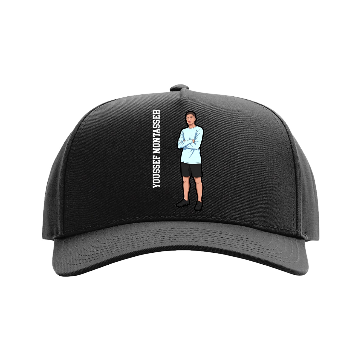 Full Fabric Five-Panel Champ Cap — Name Vertical in Black