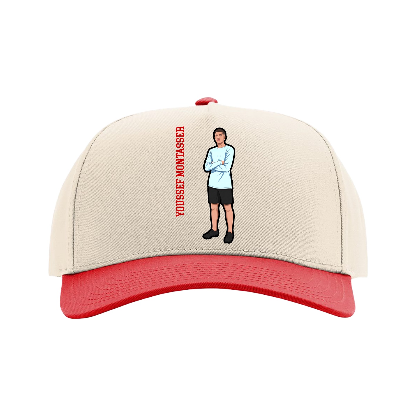 Full Fabric Five-Panel Champ Cap — Name Vertical in Cream/Red