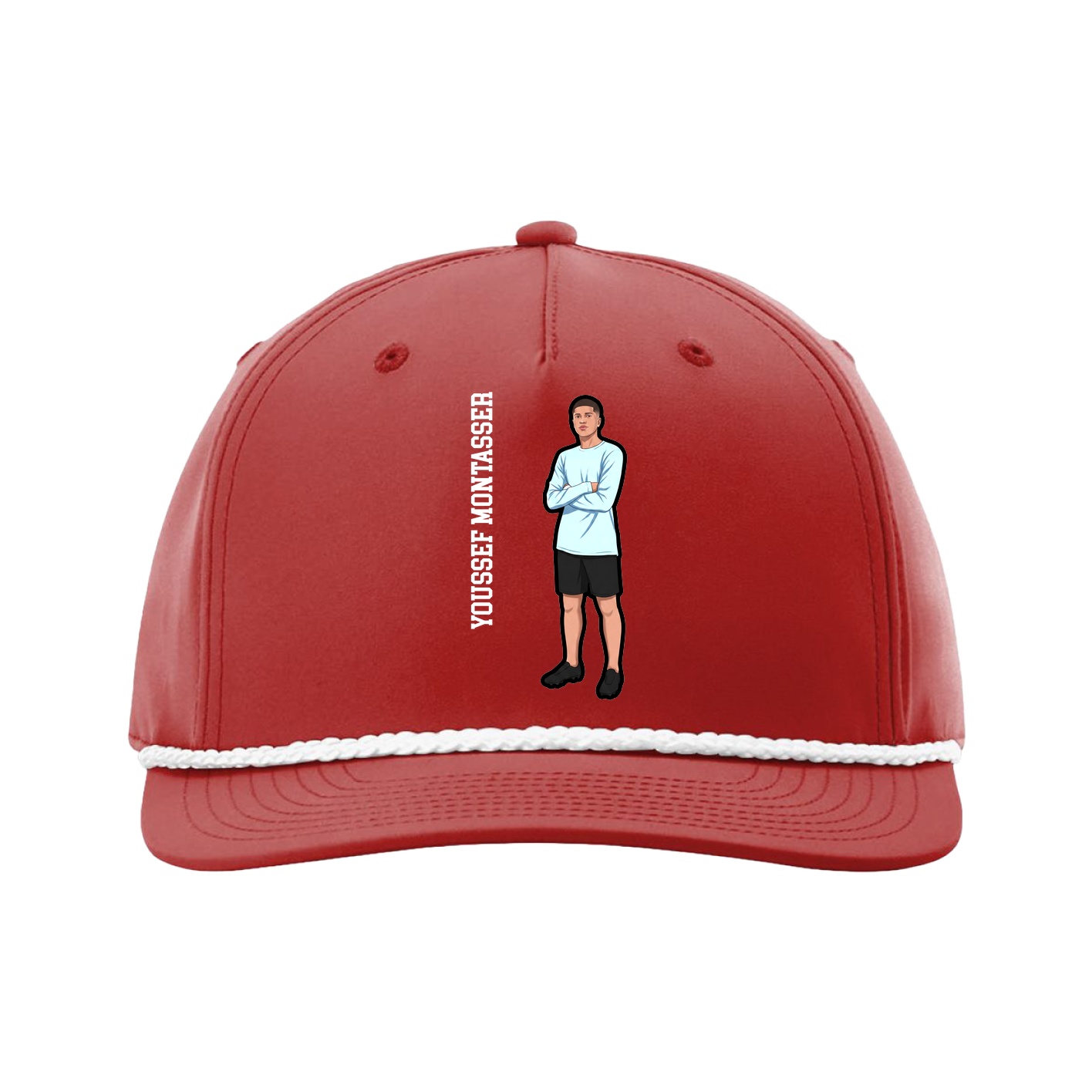 Five-Panel Classic Rope Cap — Name Vertical in Red
