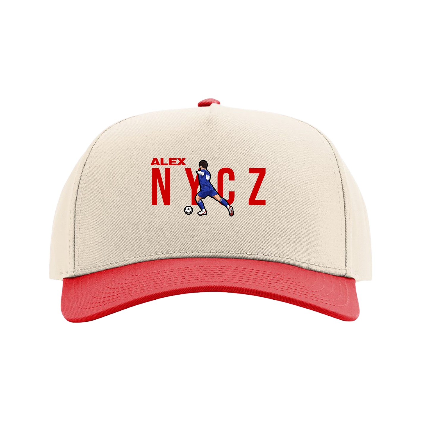 Full Fabric Five-Panel Champ Cap — Player Name in Cream/Red