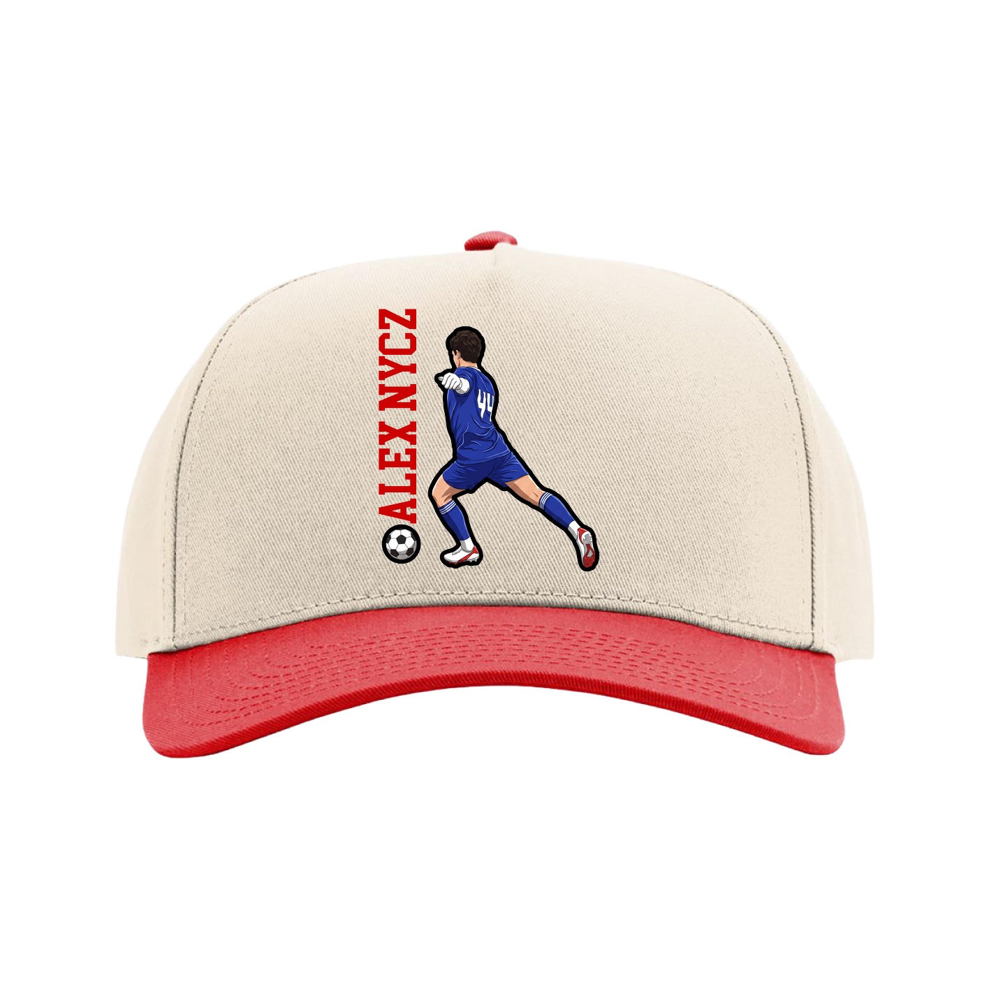 Full Fabric Five-Panel Champ Cap — Name Vertical in Cream/Red