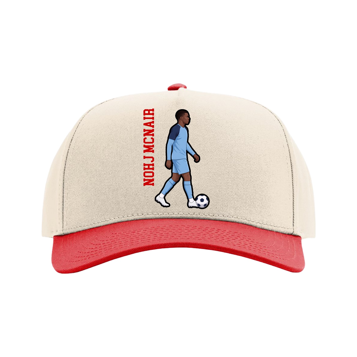 Full Fabric Five-Panel Champ Cap — Name Vertical in Cream/Red