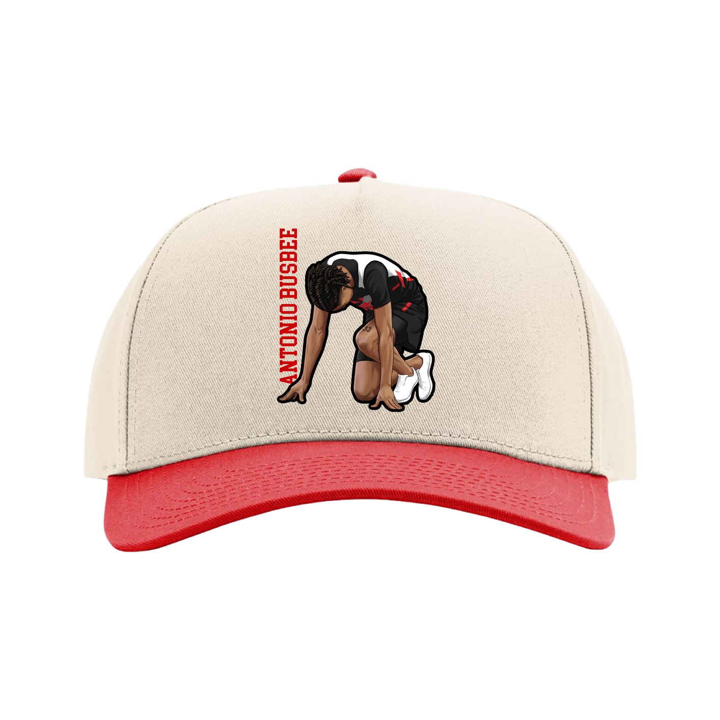 Full Fabric Five-Panel Champ Cap — Name Vertical in Cream/Red