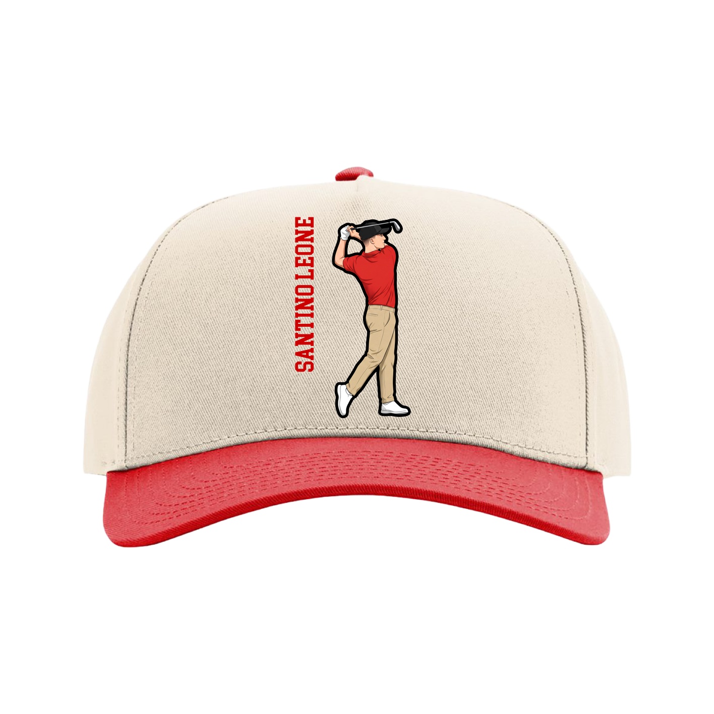 Full Fabric Five-Panel Champ Cap — Name Vertical in Cream/Red