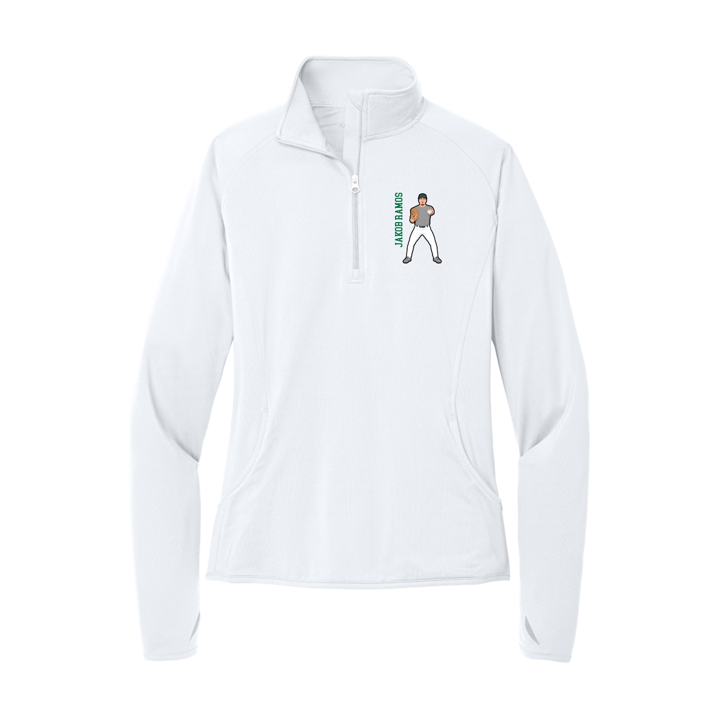 Women's Q-Zip Pullover — Name Vertical in White