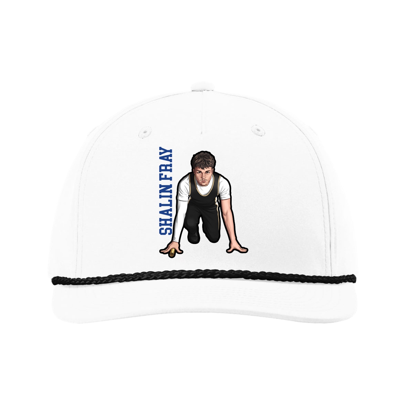Five-Panel Classic Rope Cap — Name Vertical in White