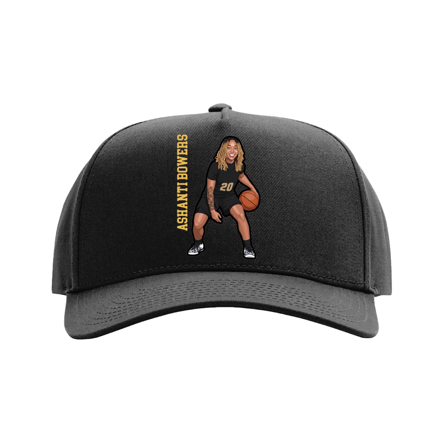 Full Fabric Five-Panel Champ Cap — Name Vertical in Black