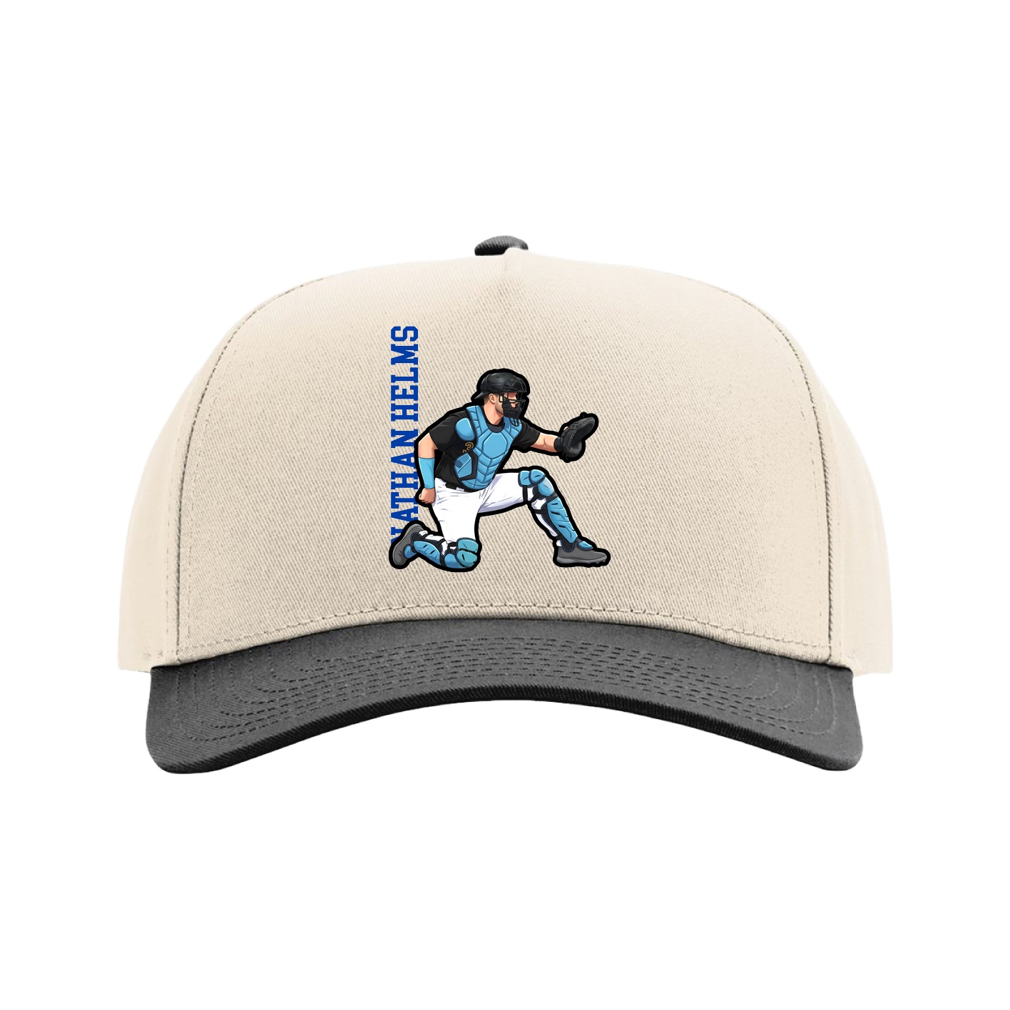 Full Fabric Five-Panel Champ Cap — Name Vertical in Cream/Black
