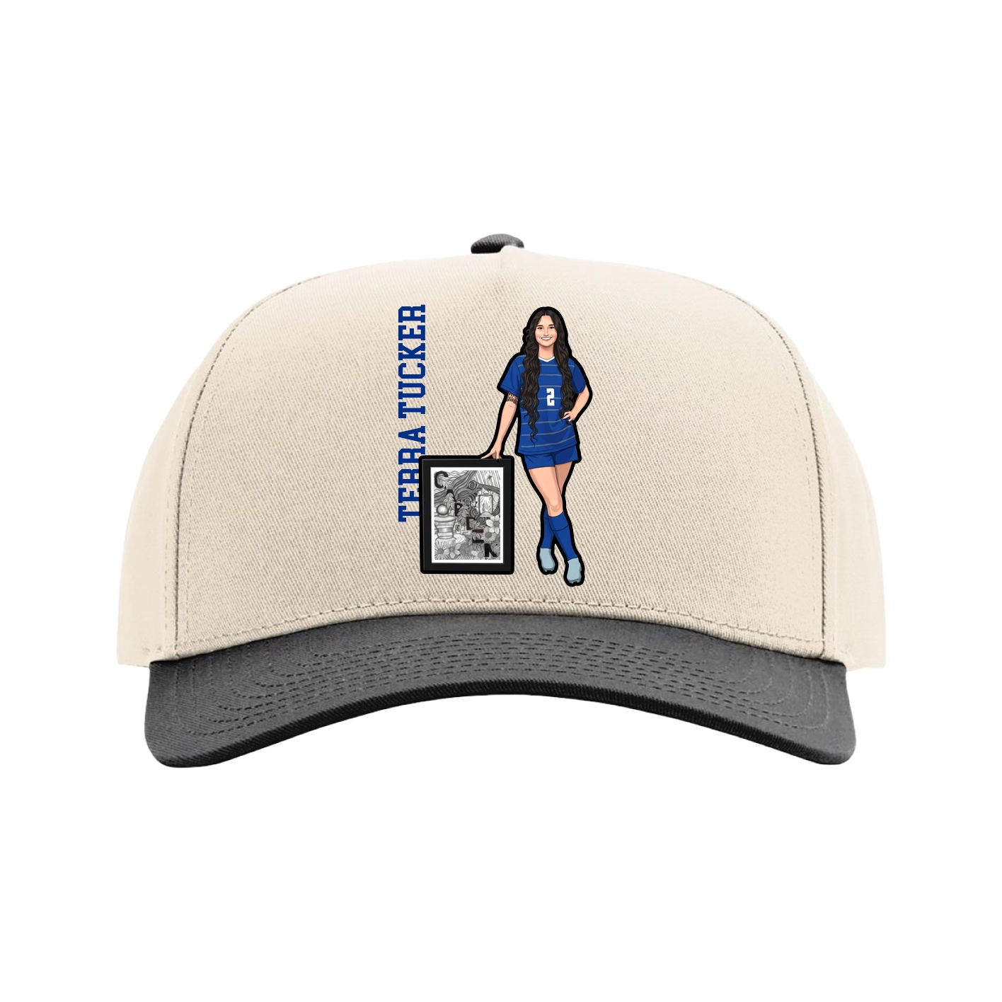 Full Fabric Five-Panel Champ Cap — Name Vertical in Cream/Black