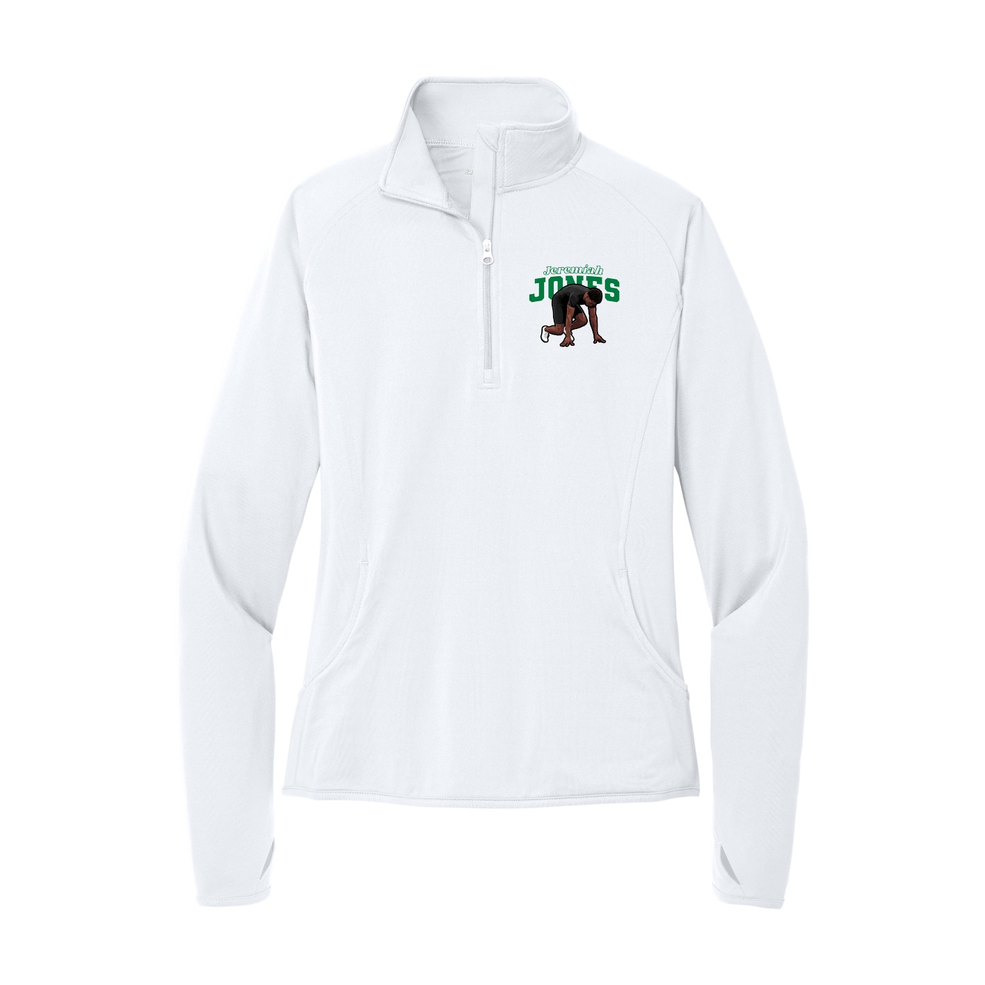 Women's Q-Zip Pullover — Name Arch in White