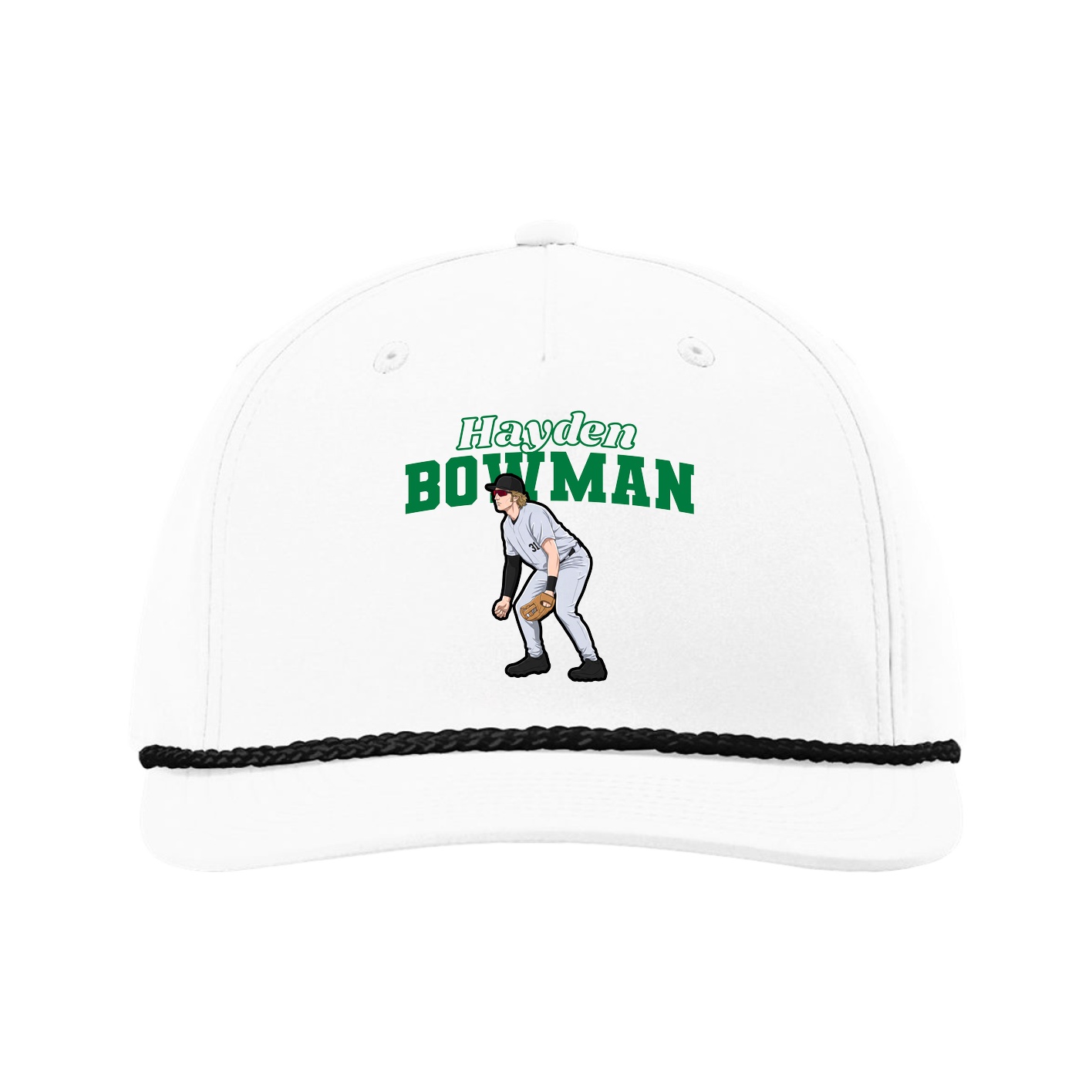 Five-Panel Classic Rope Cap — Name Arch in White