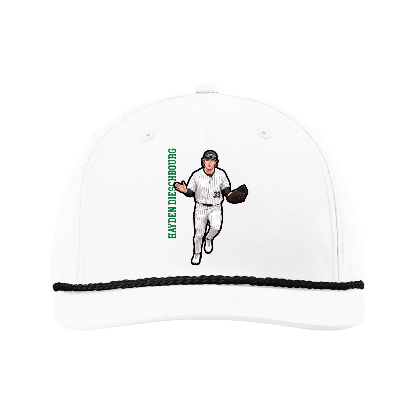 Five-Panel Classic Rope Cap — Name Vertical in White