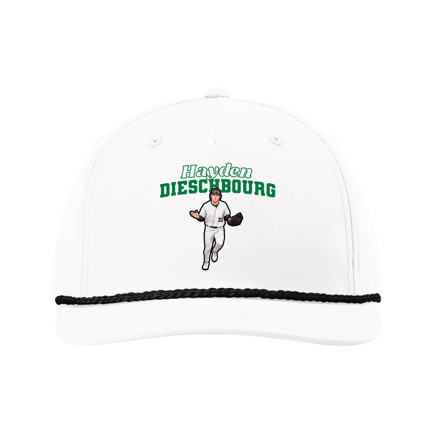 Five-Panel Classic Rope Cap — Name Arch in White