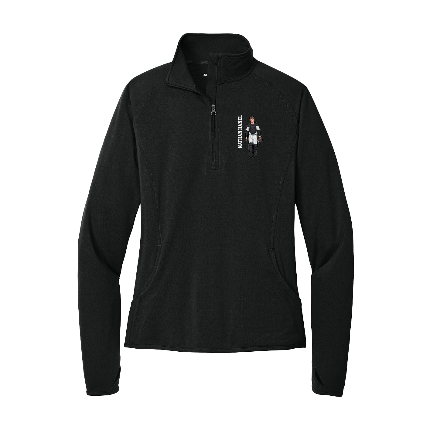 Women's Q-Zip Pullover — Name Vertical in Black