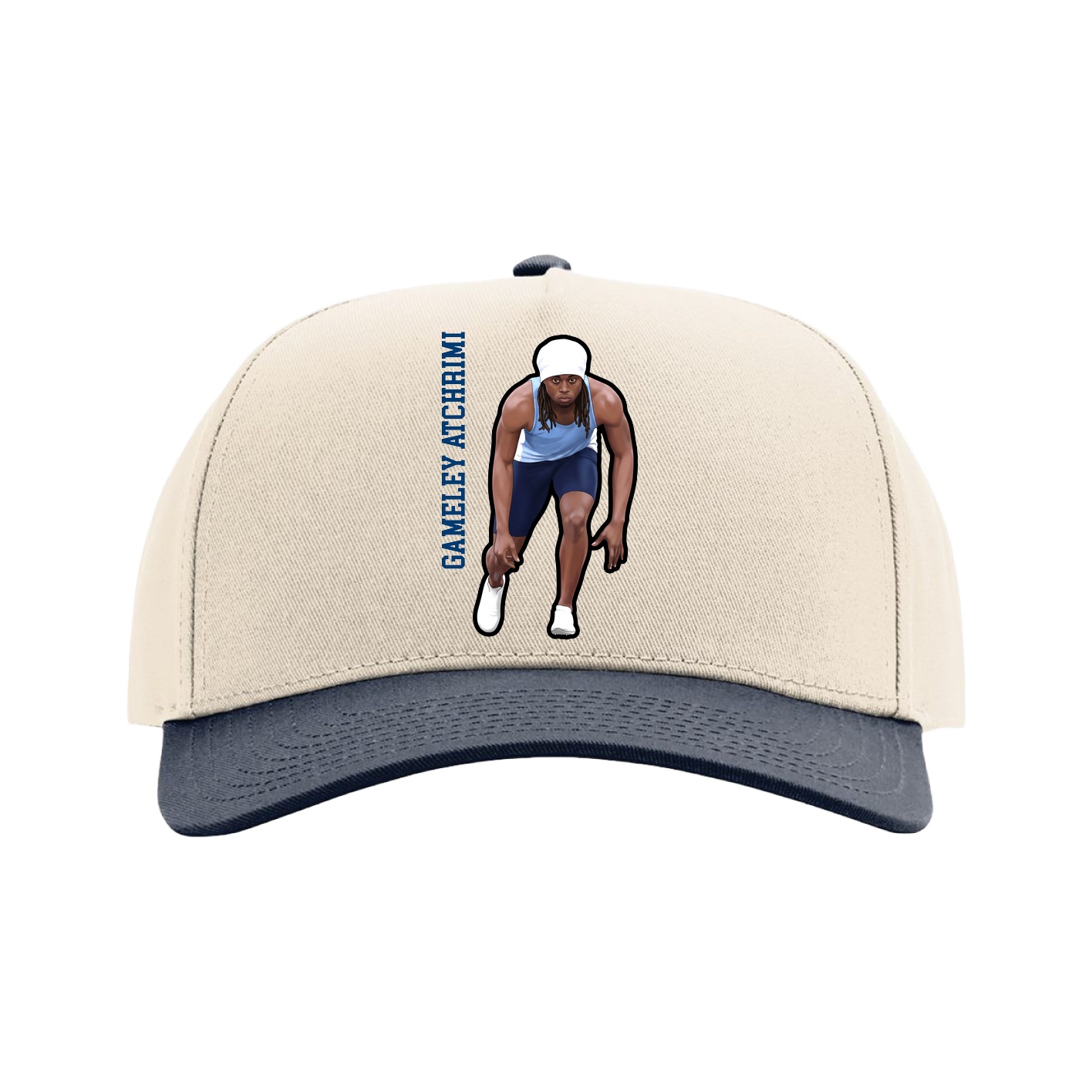 Full Fabric Five-Panel Champ Cap — Name Vertical in Cream/Navy