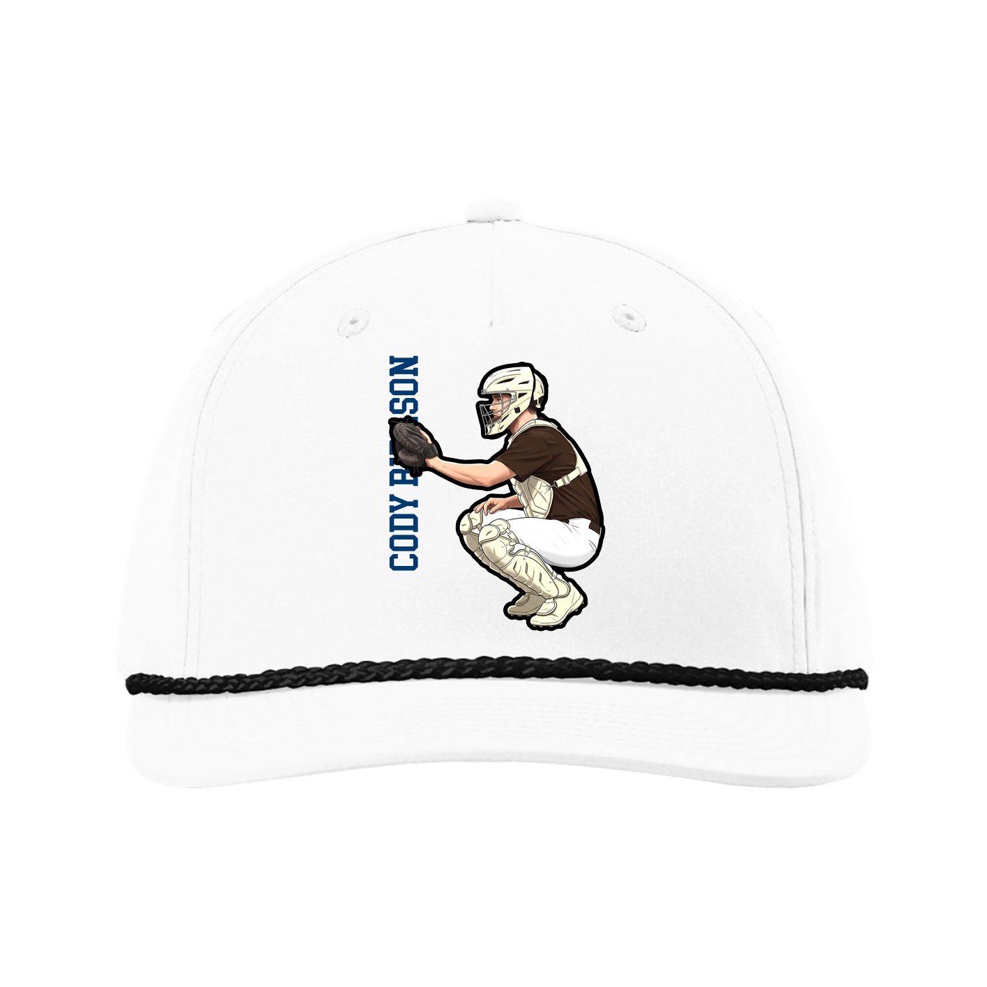 Five-Panel Classic Rope Cap — Name Vertical in White