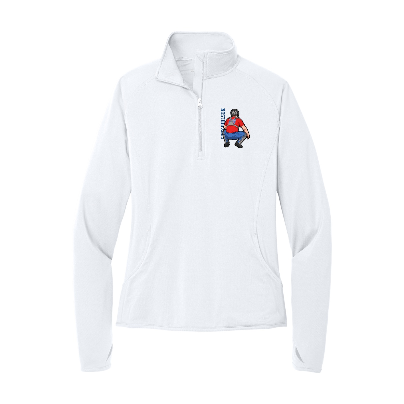 Women's Q-Zip Pullover — Name Vertical in White