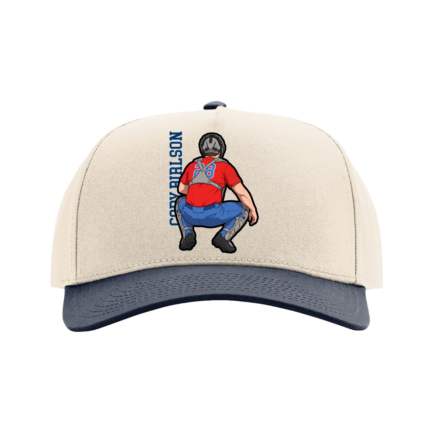 Full Fabric Five-Panel Champ Cap — Name Vertical in Cream/Navy