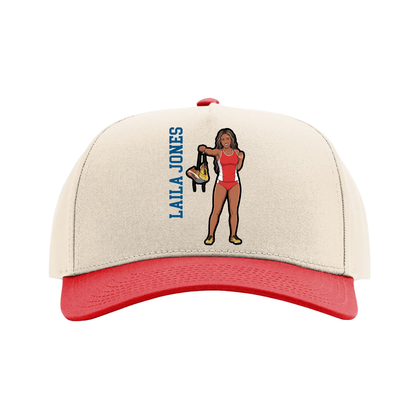 Full Fabric Five-Panel Champ Cap — Name Vertical in Cream/Red
