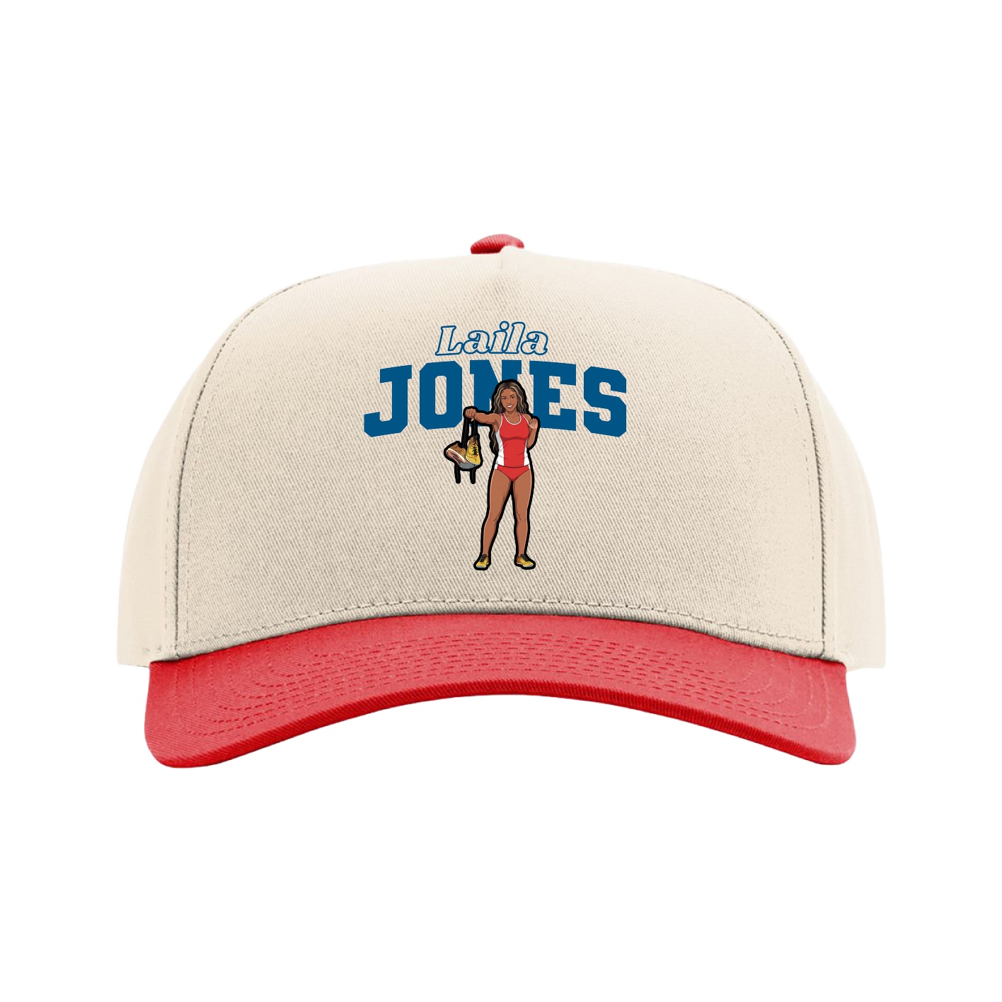 Full Fabric Five-Panel Champ Cap — Name Arch in Cream/Red