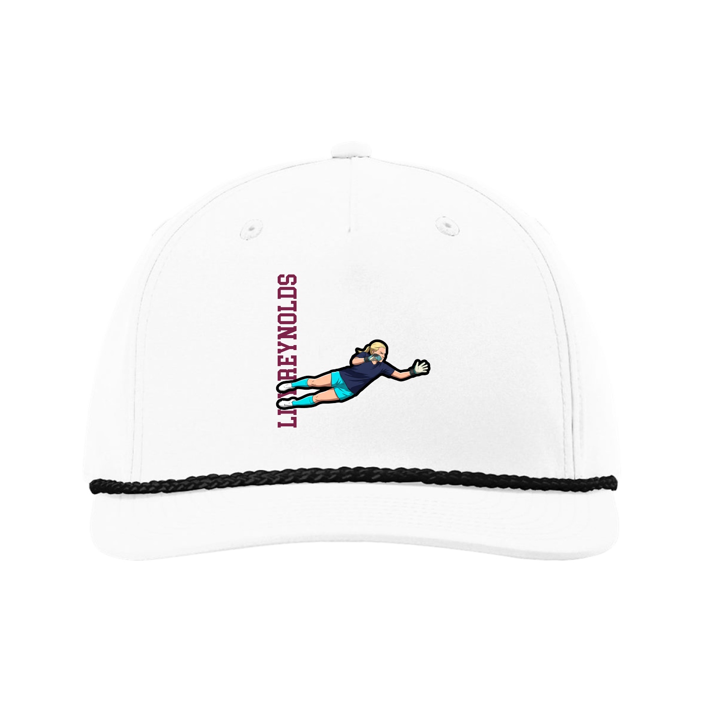 Five-Panel Classic Rope Cap — Name Vertical in White