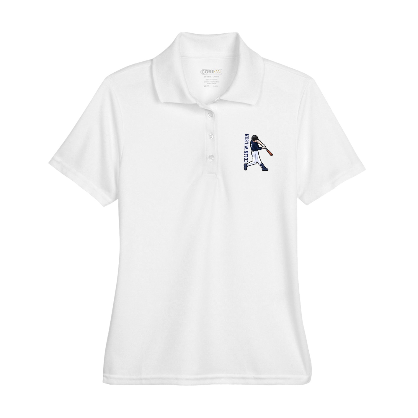 Womens Performance Polo — Name Vertical in White