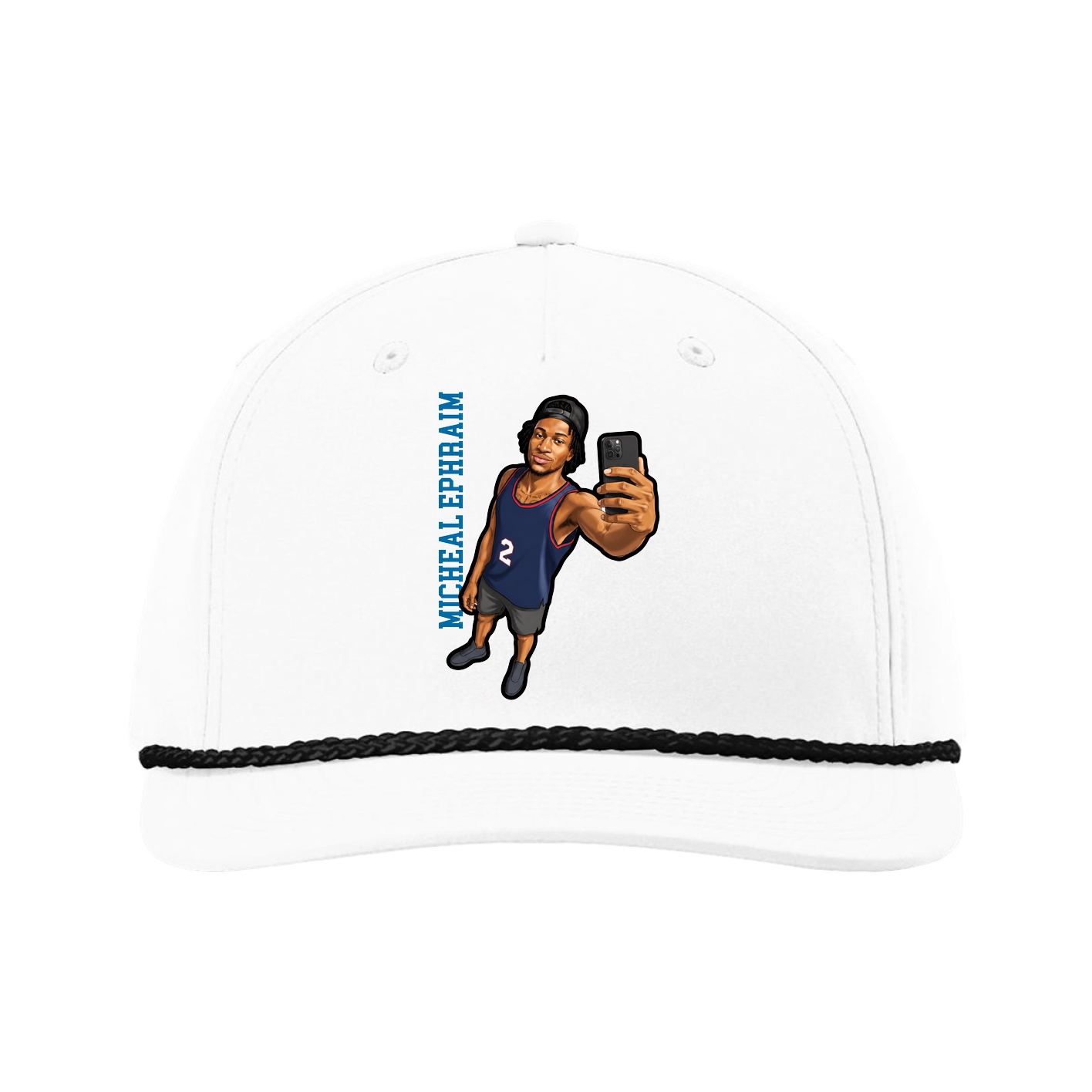 Five-Panel Classic Rope Cap — Name Vertical in White