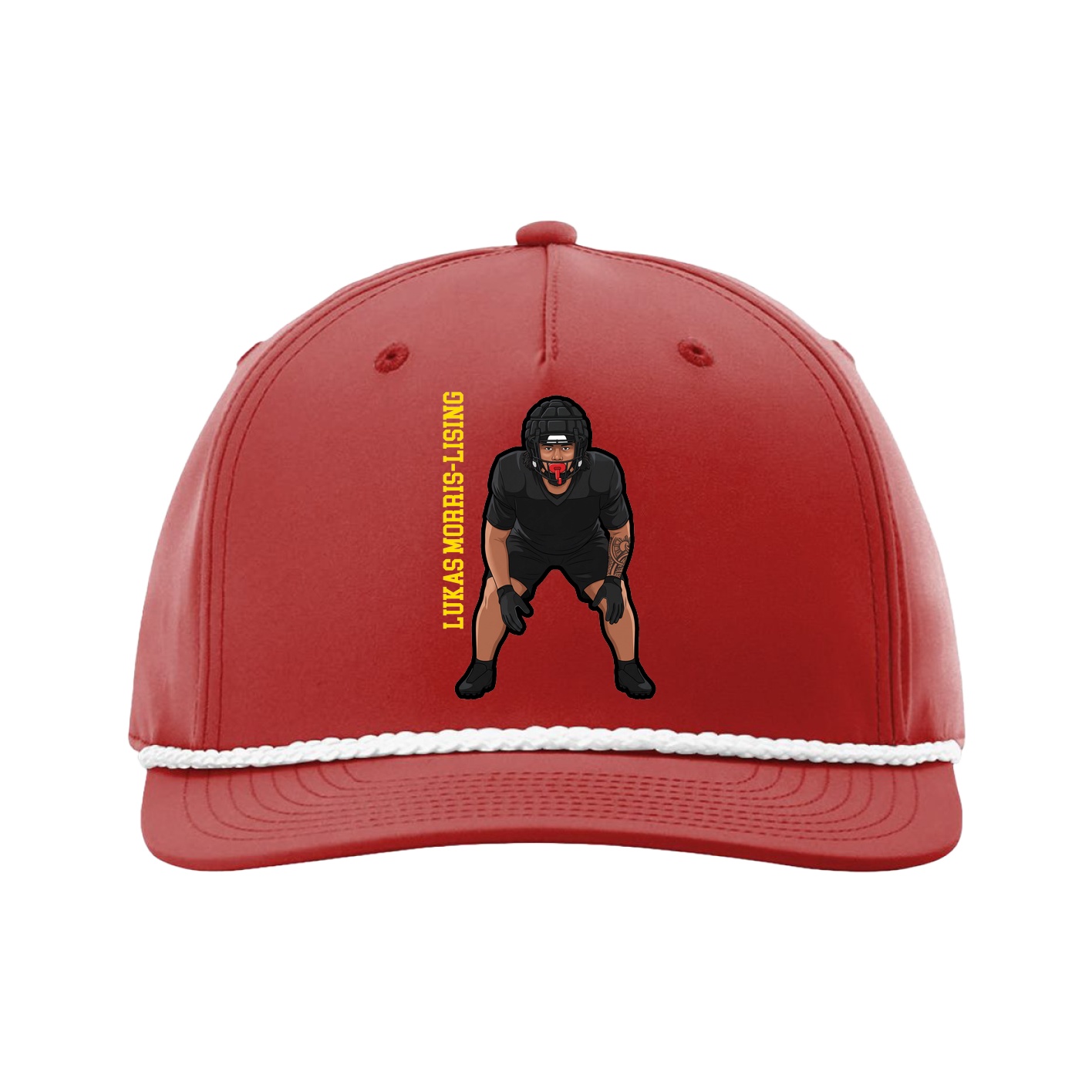 Five-Panel Classic Rope Cap — Name Vertical in Red