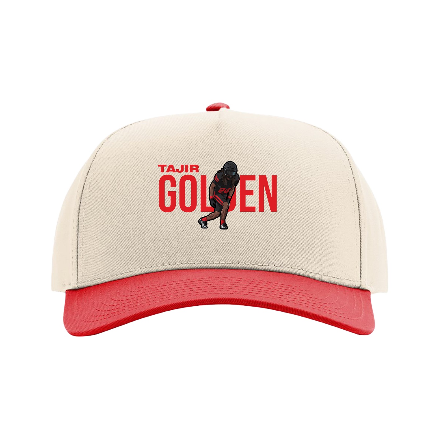 Full Fabric Five-Panel Champ Cap — Player Name in Cream/Red