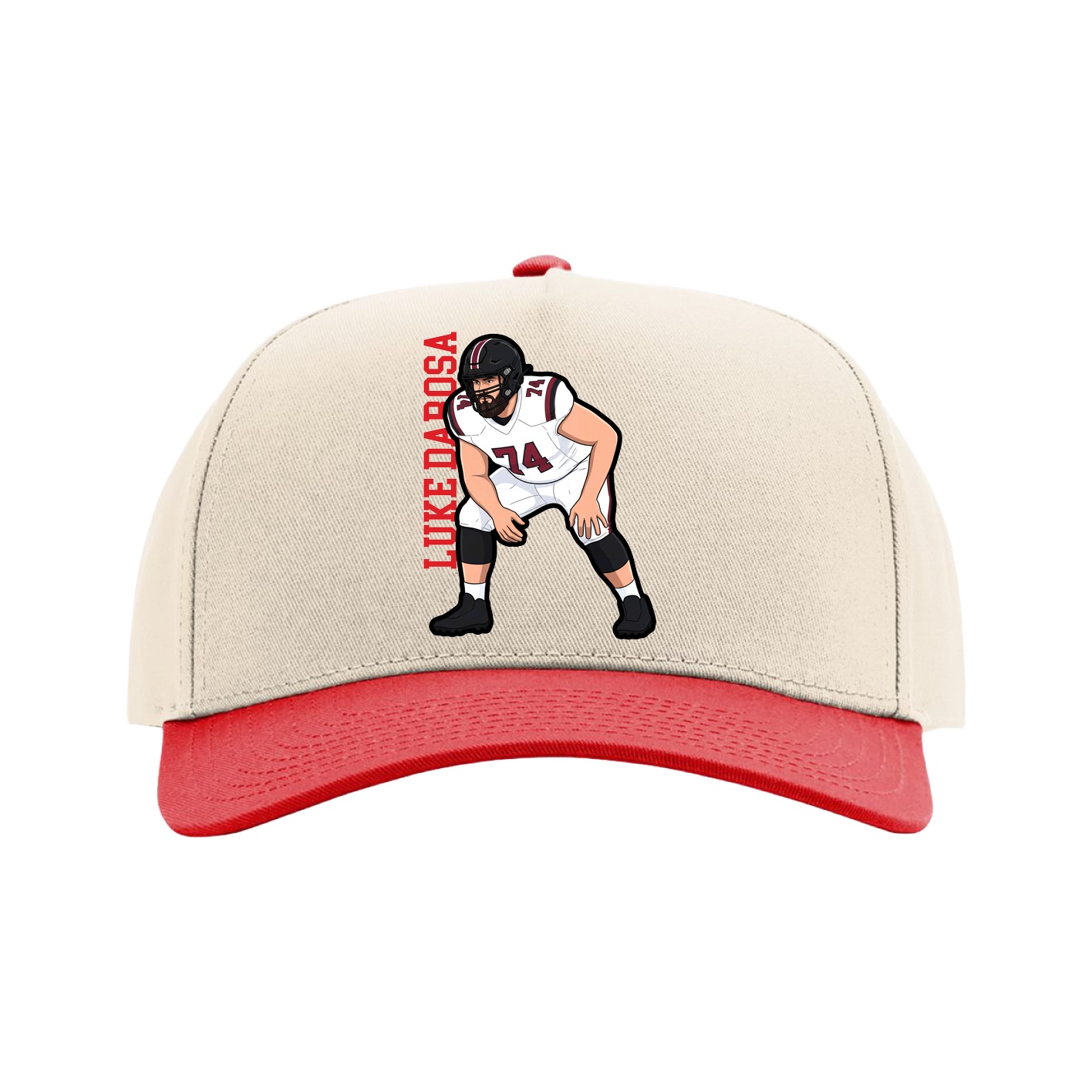 Full Fabric Five-Panel Champ Cap — Name Vertical in Cream/Red