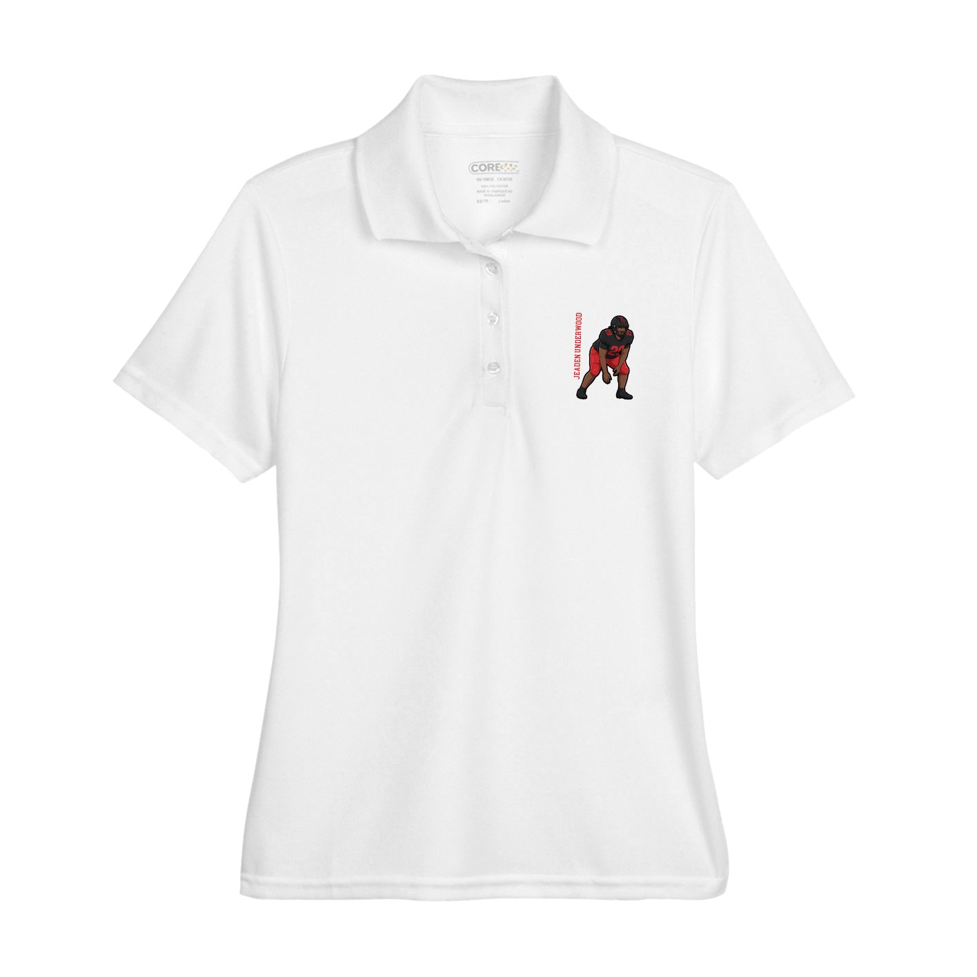 Womens Performance Polo — Name Vertical in White