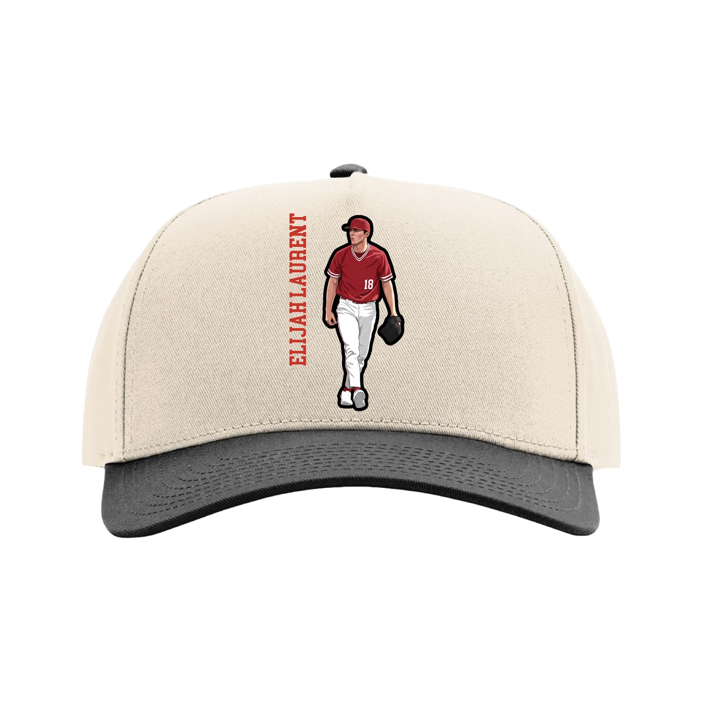 Full Fabric Five-Panel Champ Cap — Name Vertical in Cream/Black
