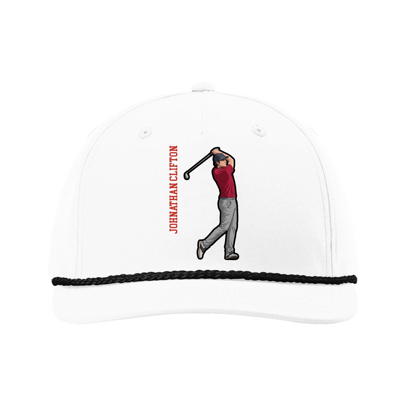 Five-Panel Classic Rope Cap — Name Vertical in White