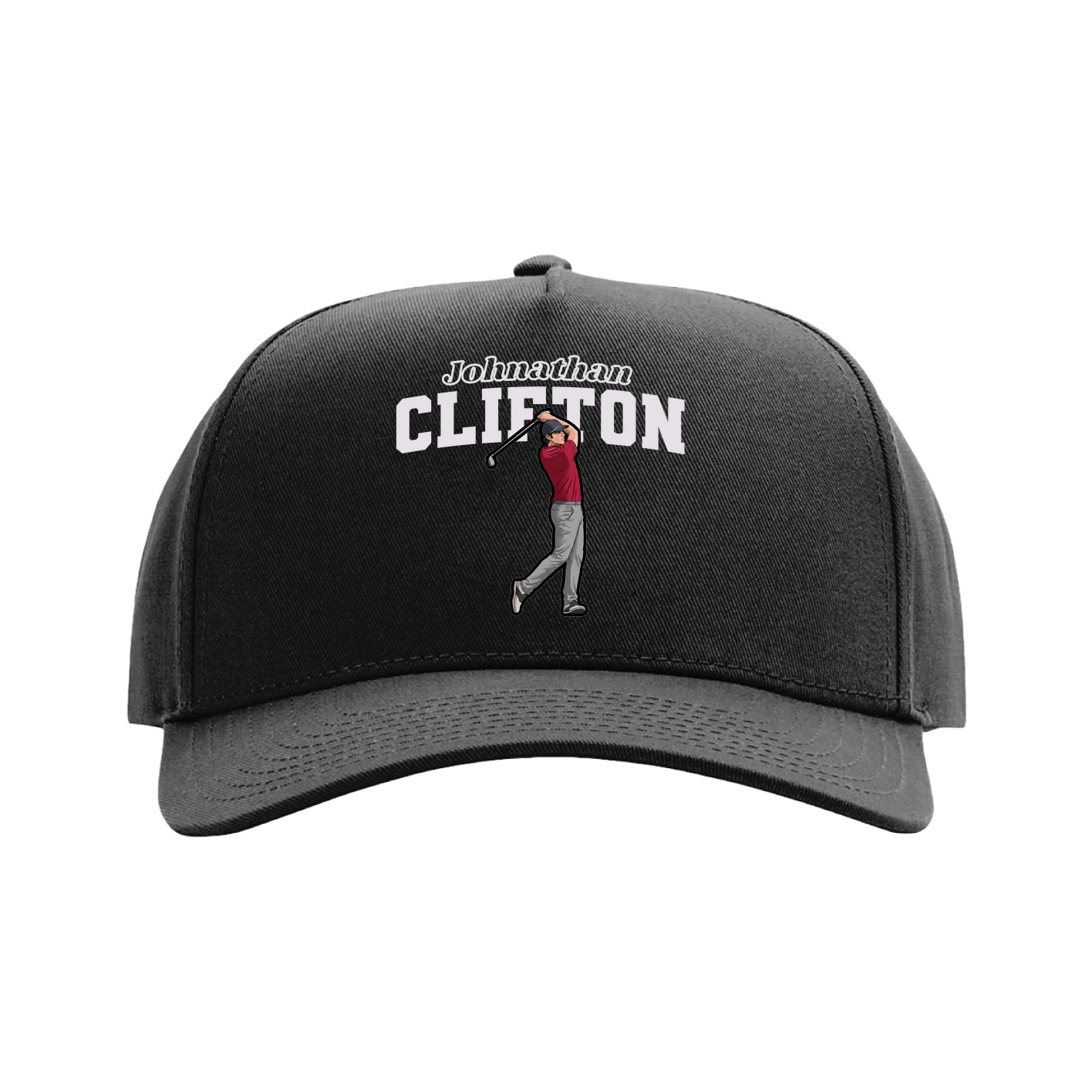 Full Fabric Five-Panel Champ Cap — Name Arch in Black