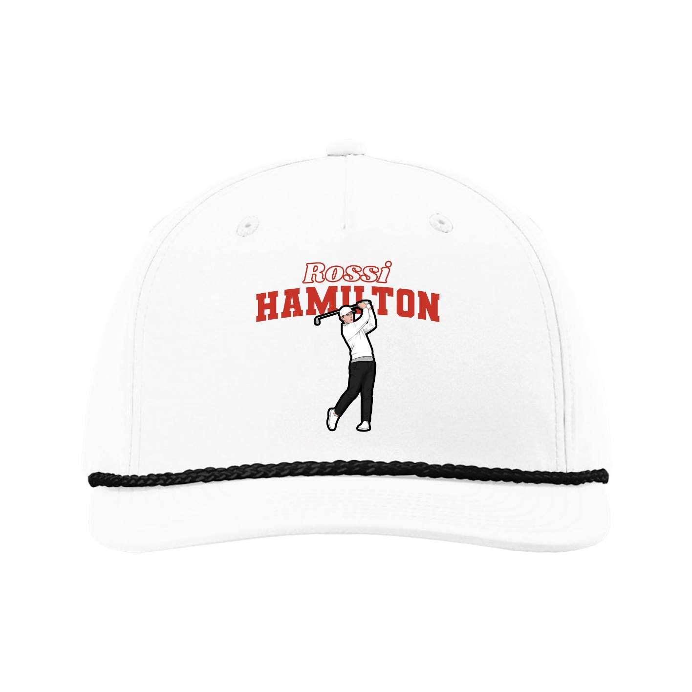 Five-Panel Classic Rope Cap — Name Arch in White