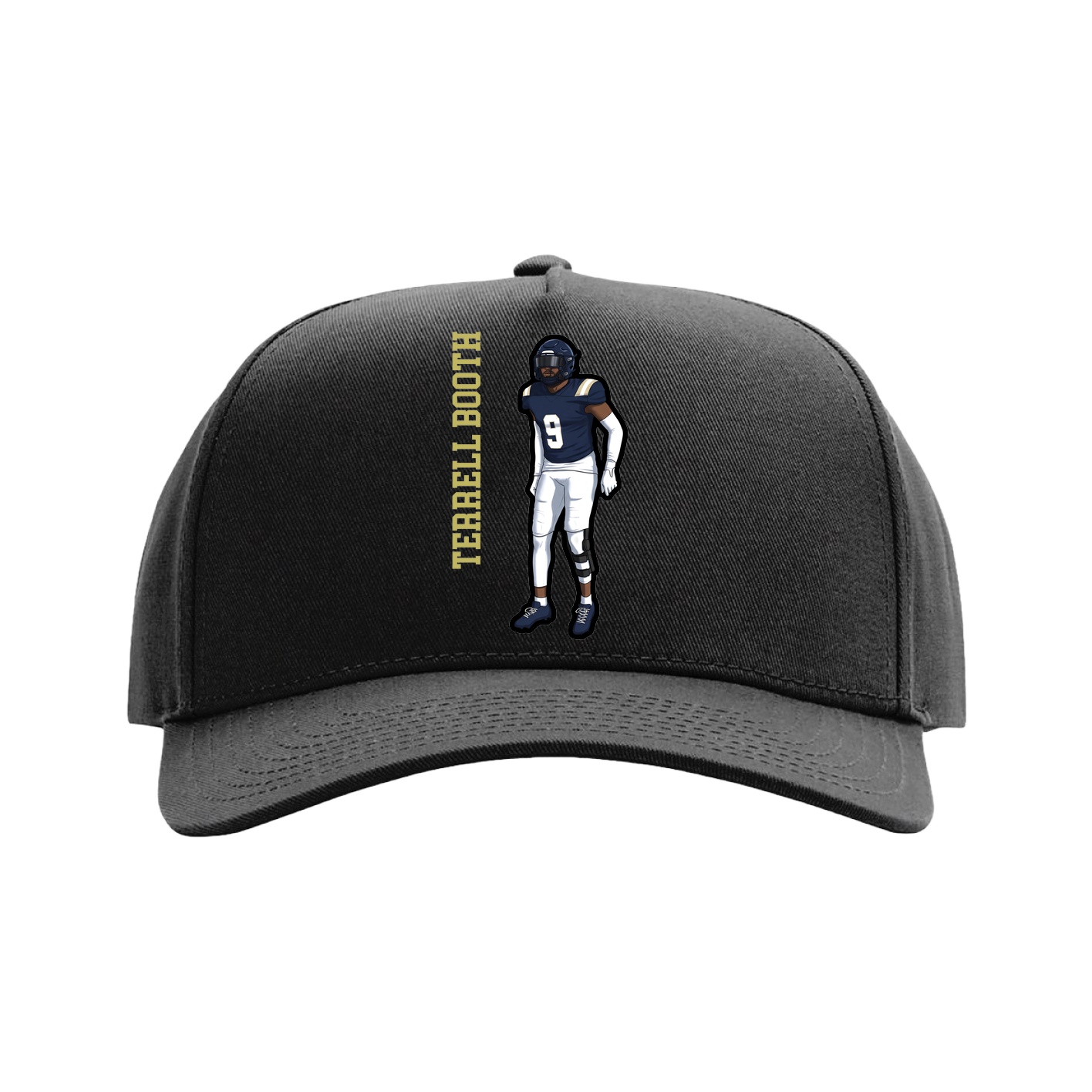 Full Fabric Five-Panel Champ Cap — Name Vertical in Black