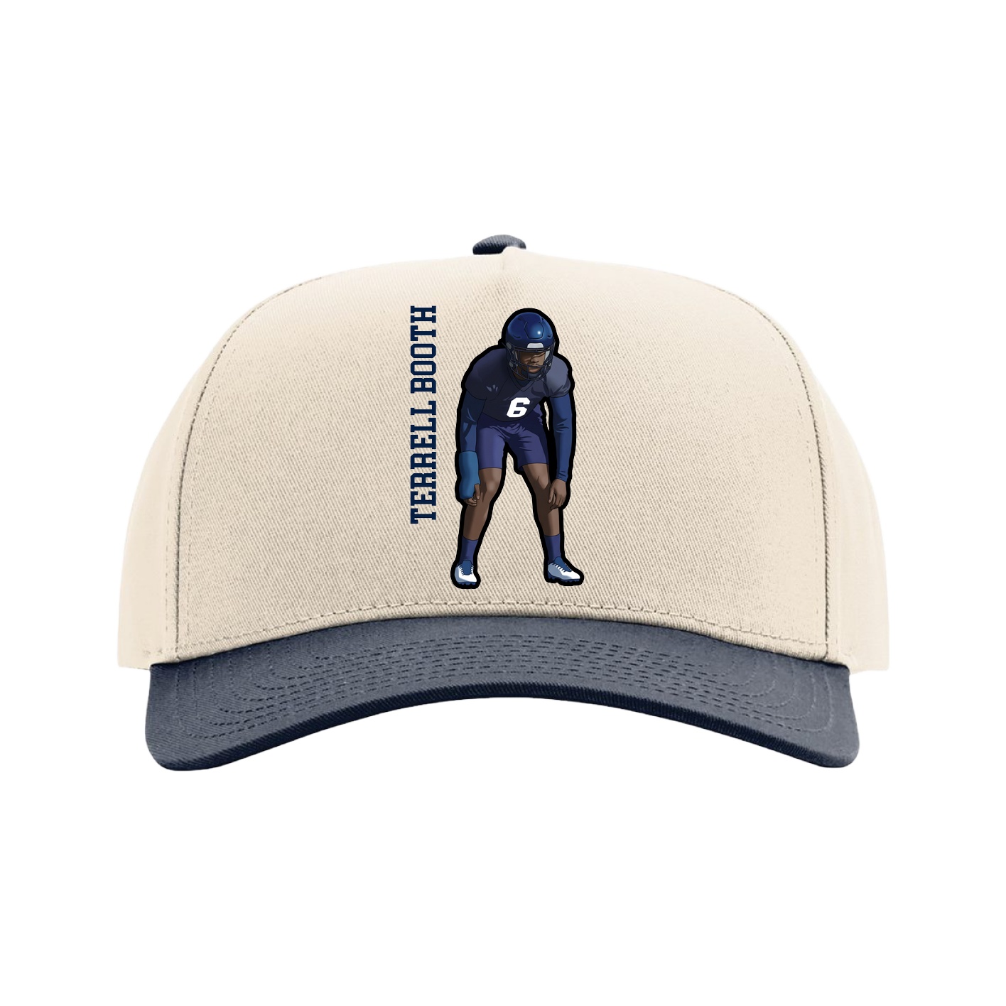 Full Fabric Five-Panel Champ Cap — Name Vertical in Cream/Navy