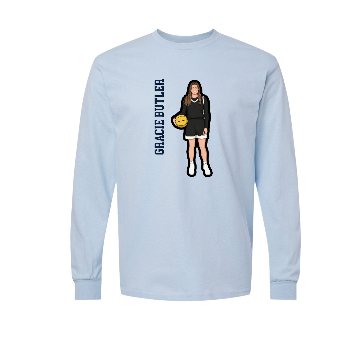 Long Sleeve Tee — Name Vertical in Light Blue