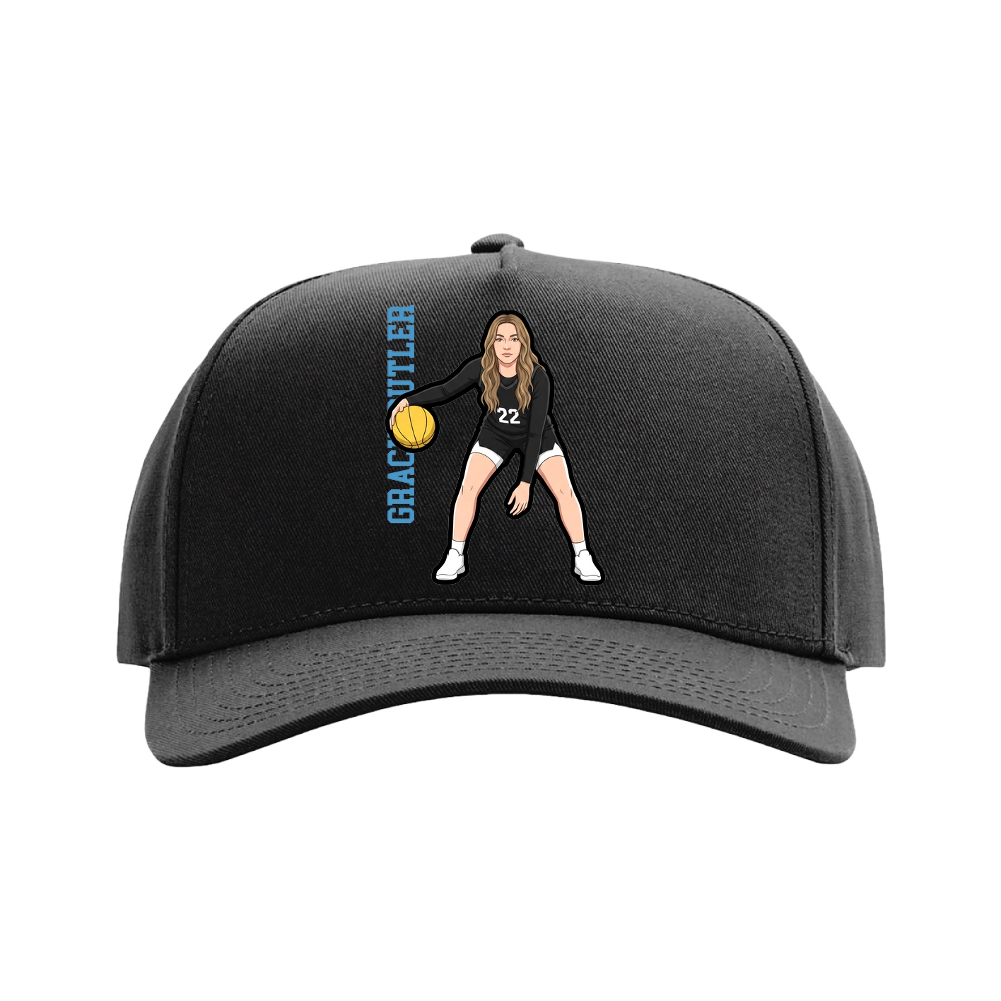 Full Fabric Five-Panel Champ Cap — Name Vertical in Black