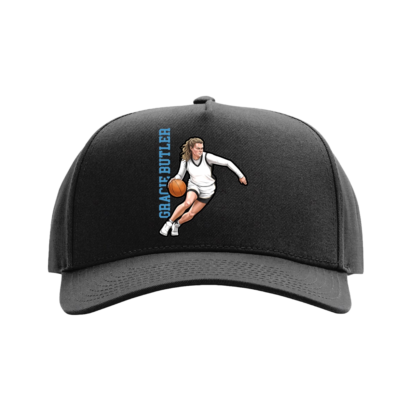 Full Fabric Five-Panel Champ Cap — Name Vertical in Black