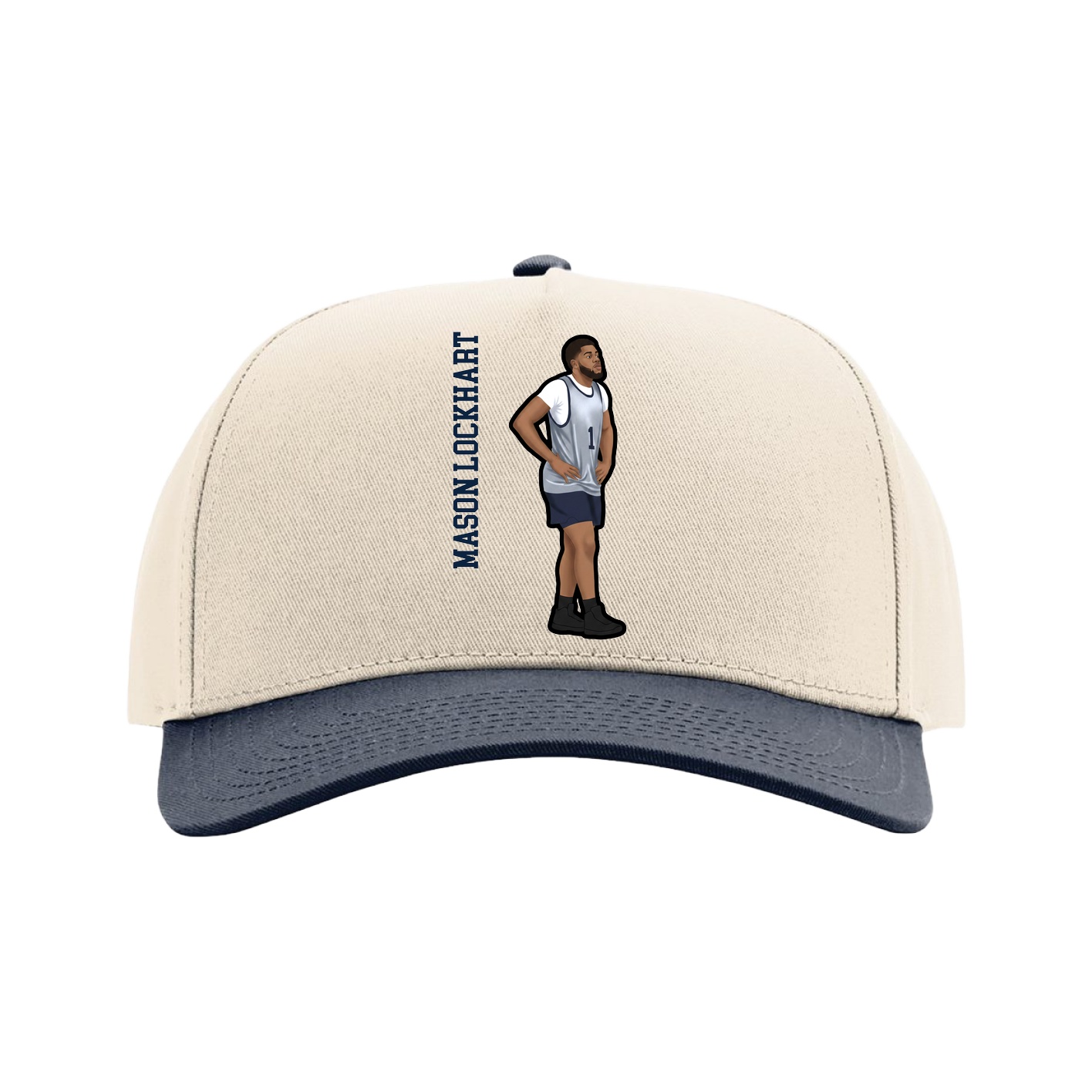 Full Fabric Five-Panel Champ Cap — Name Vertical in Cream/Navy
