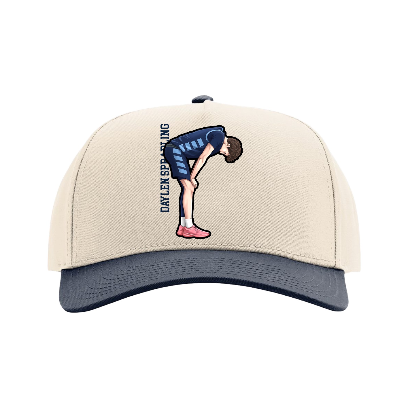 Full Fabric Five-Panel Champ Cap — Name Vertical in Cream/Navy