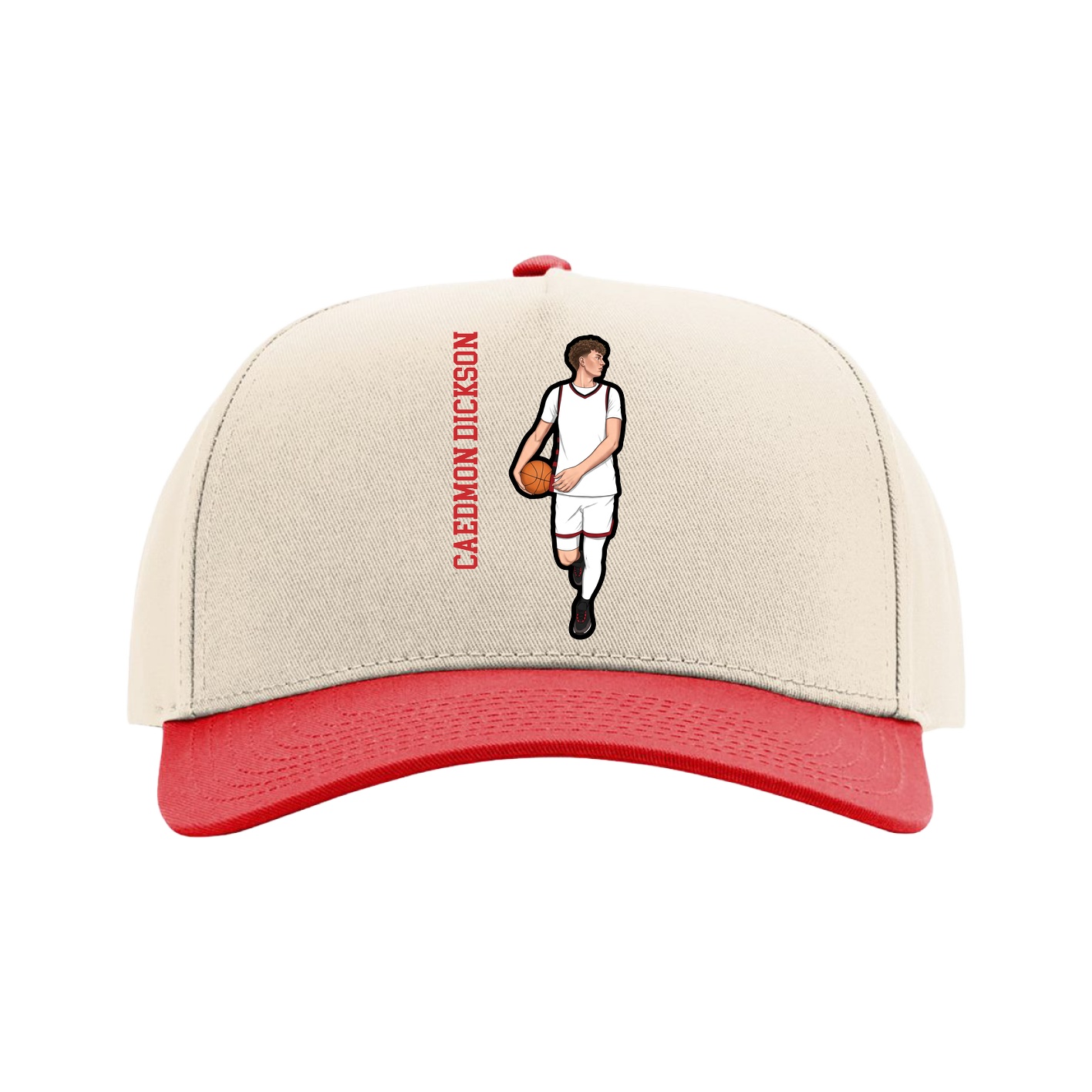 Full Fabric Five-Panel Champ Cap — Name Vertical in Cream/Red