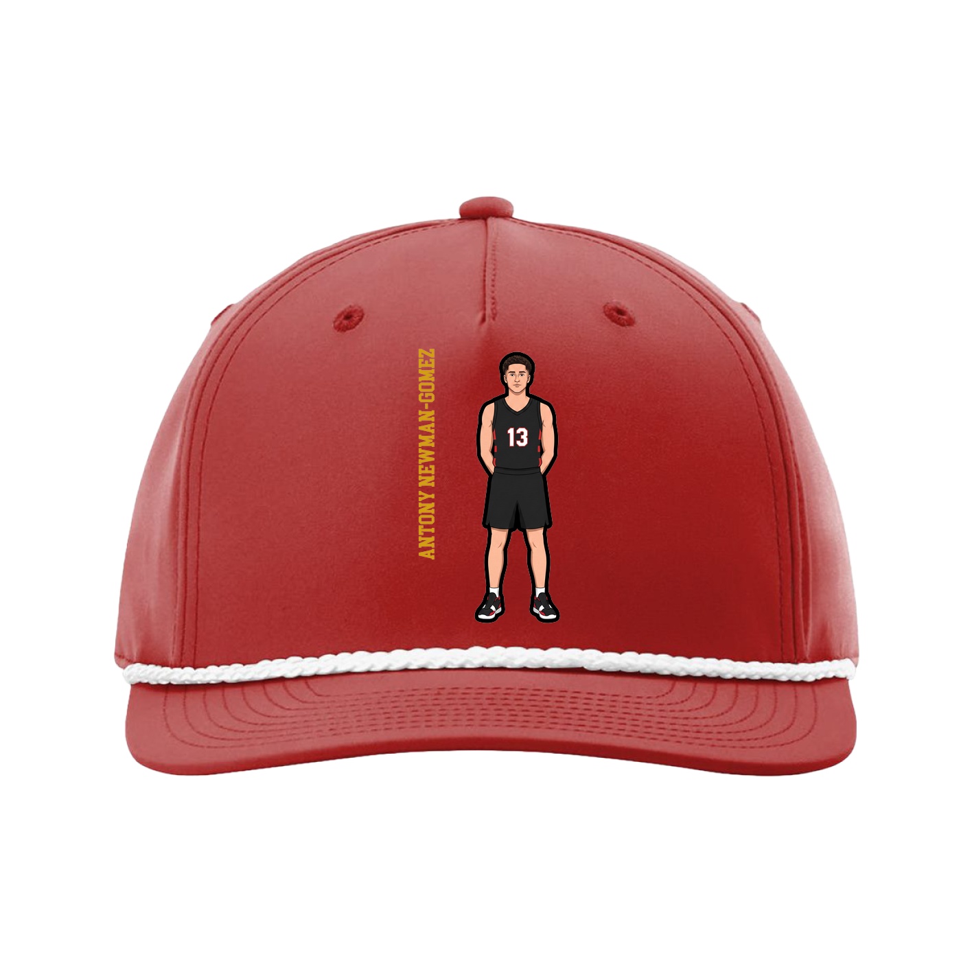 Five-Panel Classic Rope Cap — Name Vertical in Red
