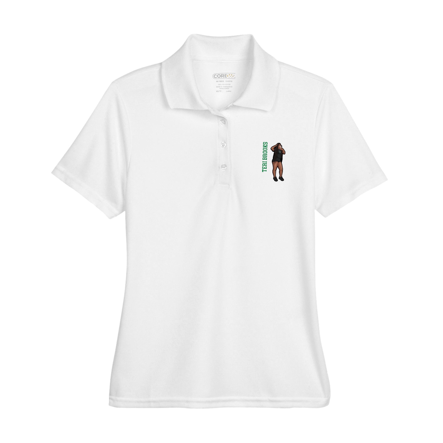 Womens Performance Polo — Name Vertical in White