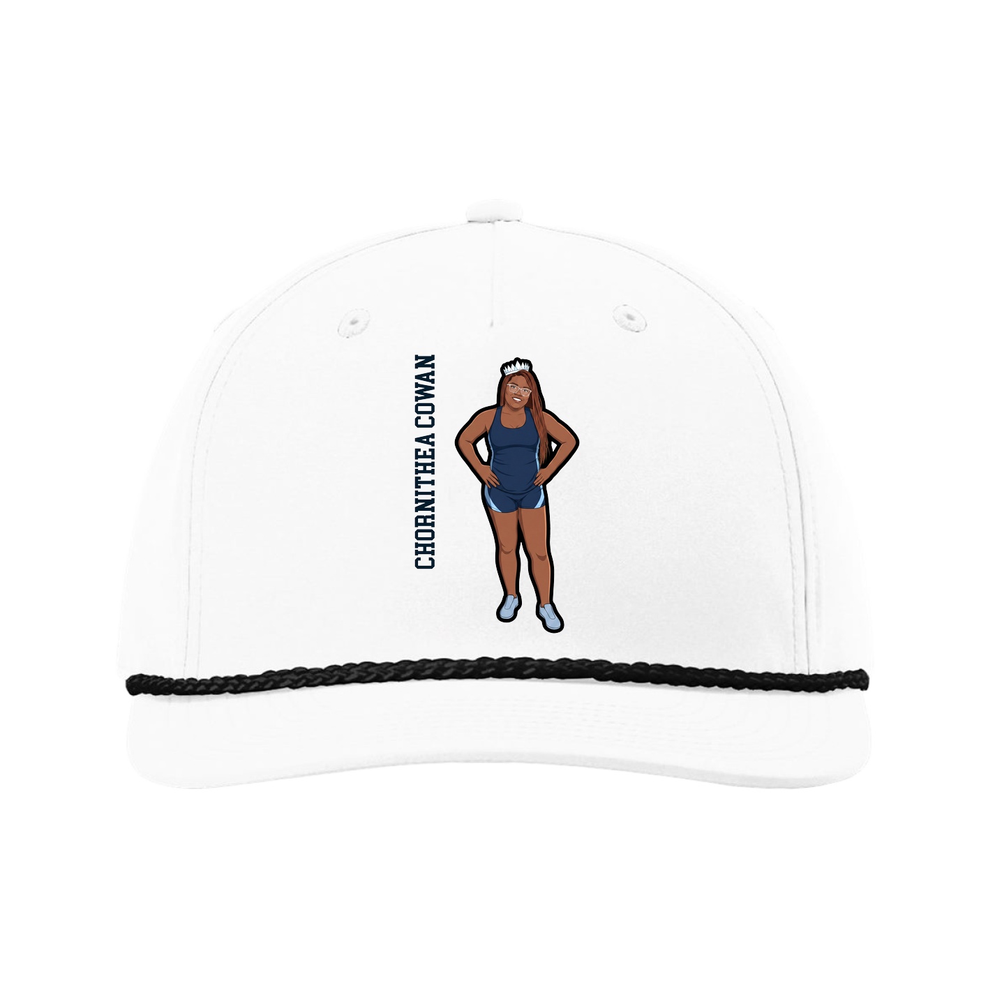 Five-Panel Classic Rope Cap — Name Vertical in White