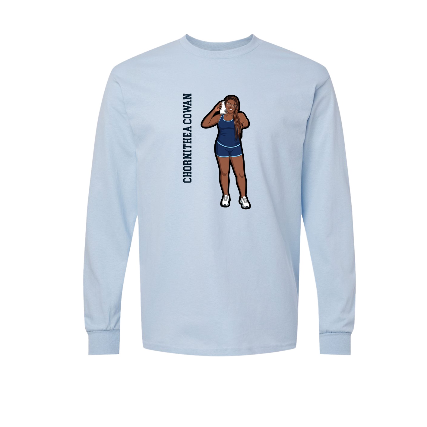 Long Sleeve Tee — Name Vertical in Light Blue